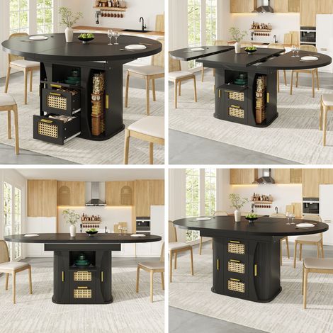 Mesa de comedor extensible con almacenamiento, mesa de 118–158 cm con cajones de ratán, aspecto de madera MDF, negro/madera natural/marrón (1/5)