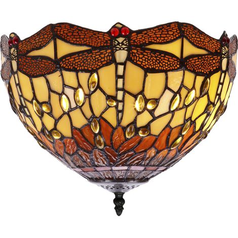 Plafonnier fixé au plafond avec abat-jour Tiffany Série Belle Amber