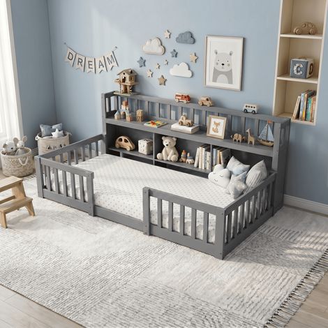 lit Montessori 90 x 200 cm - Lit simple enfant avec barrière de sécurité - Lit au sol en Bois Massif - naturel pour garçons et filles, Gris (1/5)