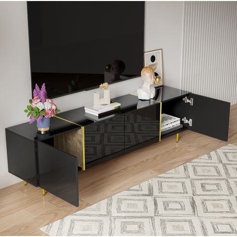 Meuble TV 170x35x46 cm noir en MDF brillant avec 4 portes et fermeture douce (1/5)