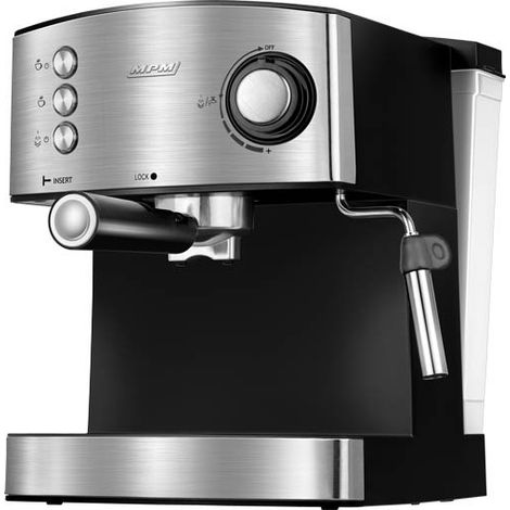 MPM MKW-06M Machine à Espresso Manuelle 20 Bars,1,7 L, Buse Vapeur à Lait, Chauffe -Tasses 850W Noir/Argent (1/5)