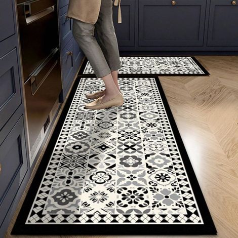 Tapis de Cuisine Devant Evier Antidérapant Lavable, Style Campagne Vintage Tapis Couloir en Diatomite Absorbant Séchage Rapide pour Buanderie, Cuisine, Salle de Bain (Tiles Gris,60x90cm)