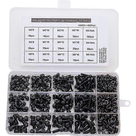 Vis M3 M4 M5 à tête cylindrique hexagonale, écrous et boulons en acier allié, lot de 480 pièces, visserie métrique standard, kit de fixation pour bricolage et assemblage. (1/3)