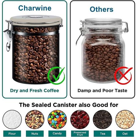 Recipiente para almacenar café，Con salida de CO2，1,2 L，Para 500 g de granos de café，Recipiente de almacenamiento de café，Acero inoxidable (1/4)