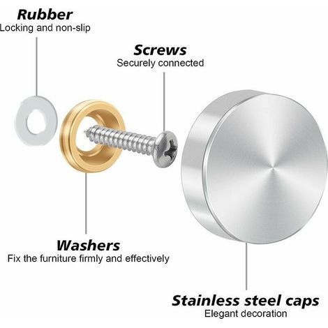 Cache Vis en Acier Inox，12 Pcs Vis à Miroir, Cache Vis en Acier Inox 16mm en Acier Inoxydable Miroir Décoratif Vis Couvercle Cap Clous avec Rondelles pour Tables à Miroir Plaques de Bain Armoi (1/4)