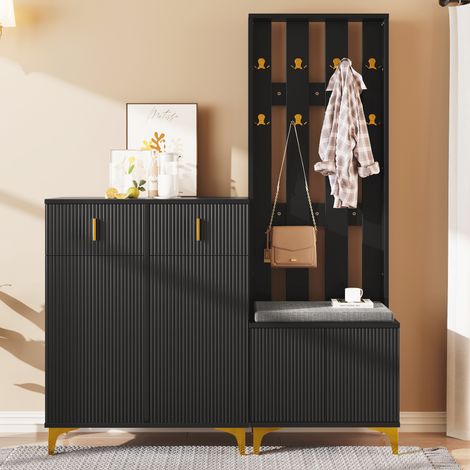 Ensemble de rangement d'entrée avec banc à chaussures et coussin, meuble portemanteau à crochets, armoire à chaussures à tiroirs et portes (1/5)