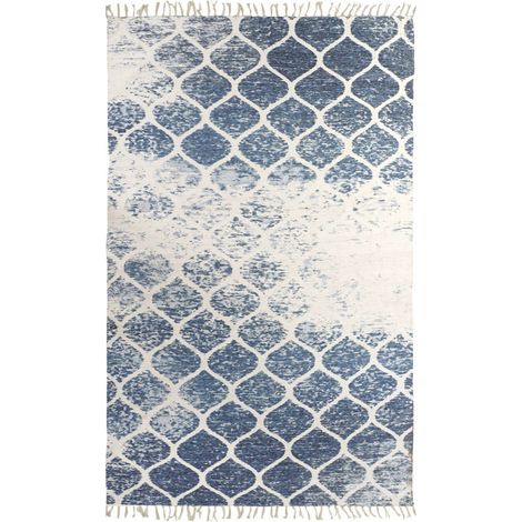 Tapis moderne coton chenille bleu à motifs élégants - Bleu profond avec motifs (1/4)