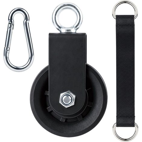 Poulie de renvoi 90mm avec sangle d’élingue mousqueton, carter guide-corde orientable 360°, système pivotant pour balançoire, étendoir, barre de traction, matériel fitness (1/5)