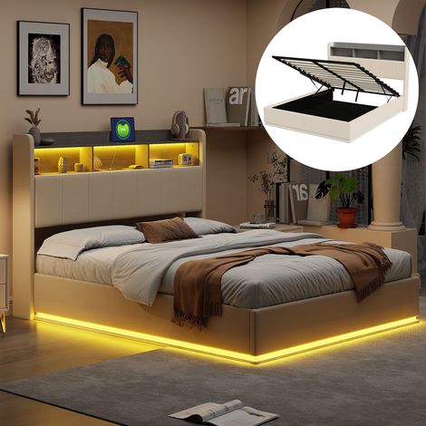 Lit coffre 140x190 cm, avec LED, USB-A/C charge, 3 étagères, hydraulique de rangement, sommier à lattes en bois, lit capitonné en velours - Blanc (1/5)