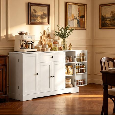 Vaisselier de cuisine avec tiroir et 4 portes, fermeture douce, 140 x 40 x 80 cm, blanc HAVRYA (1/5)