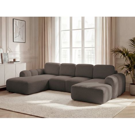 BOBOCHIC - Canapé panoramique convertible coffre MONTAIGNE tissu bouclette Angle droit Marron (1/5)
