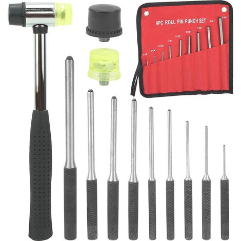9 Piece Pin Punch Set Cylinder Pin Punch Set with Hammer with 2 Replacement Rubber Tips for Automotive Repair, Watch, Jewelry and Crafts (1/5)