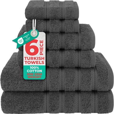 Lot de 6 Accessoires de Bain 100% Coton Turc véritable pour Salle de Bain et Cuisine - 2 Serviettes de Bain, 2 Serviettes et 2 Gants de Toilette - Gris (1/5)
