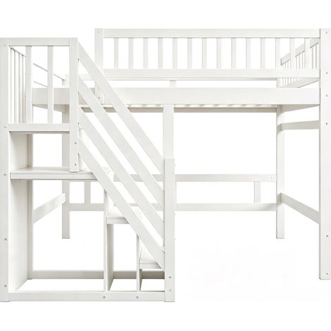 Letto a soppalco 140 x 200 cm con scala contenitore, sponde alte, bianco, HOMVRA (1/5)