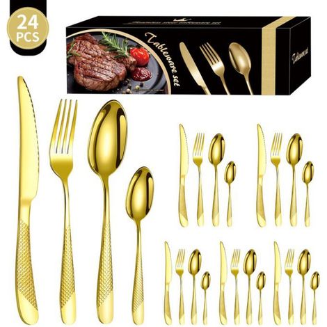 Coffret cadeau de couverts 24 pièces en acier inoxydable (couteau, fourchette, cuillère), idéal pour les repas occidentaux - doré (1/2)
