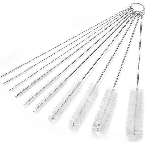 Set mit 10 Reinigungsbürsten aus Edelstahl mit Aufhängering – Nylonbürste für Strohhalme, Flaschen und schmale Röhrchen – weiß (1/4)