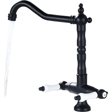 Robinet de lavabo en laiton Antique, Double poignée, un trou, robinet d'eau chaude et froide de Style européen pour évier de salle de bains noir (1/5)