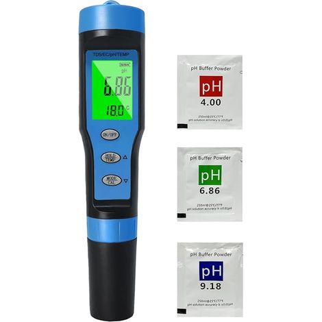 pH Mètre Electronique 4 en 1 avec TDS EC Température, Testeur pH multi-paramètres Résolution 0.01 Haute précision Etanche IP67 Testeur de qualité de l'eau avec fonction ATC