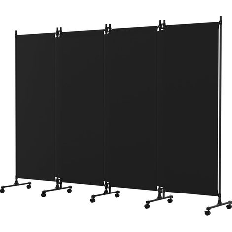 Paravent 4 pièces - Paravent brise-vue balcon avec roues verrouillables - Paravent mobile pour séparation de pièce pour bureau, chambre à coucher - 246 cm × 183 cm - Noir