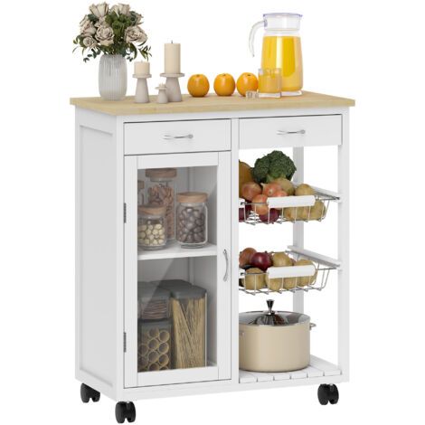 royaluxe -Desserte de cuisine à roulettes, îlot central cuisine avec plateau en bambou, porte vitrée, 67 x 35 x 80 cm, blanc (1/5)