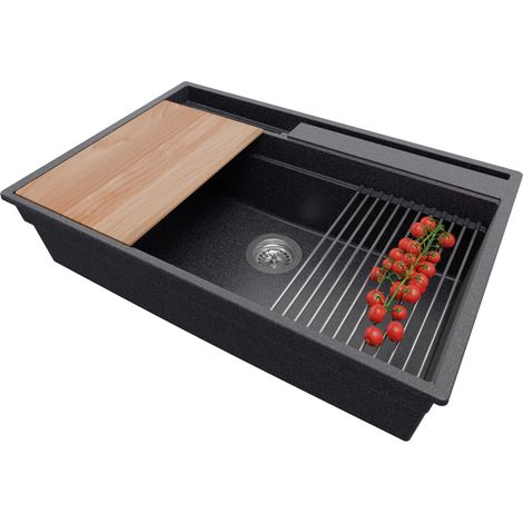PRIMAGRAN Evier Cuisine en Granit 78x53cm, Lavabo 1 bac + Kit de Vidage + Accessoires, Évier à Encastrer au meuble 80cm - Oslo Pocket, Graphite (1/5)
