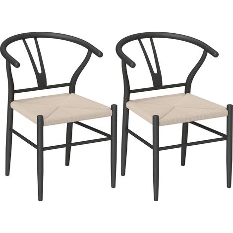 Pair of Black and Beige Weave Dining Chairs with Y-Shaped Backrest and Comfortable Hemp Seat (1/5)