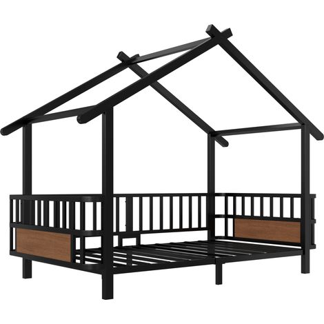 Lit enfant en métal forme maison avec barrières de sécurité, 90 x 200 cm, noir, sans matelas (1/5)