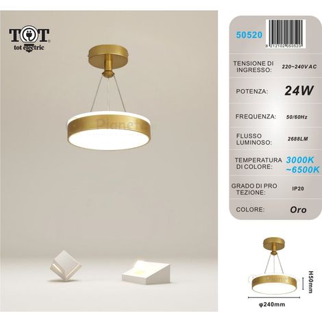 Lampadario a sospensione led 24w cerchio tondo circolare design moderno bianco oro nero luce fredda calda Oro