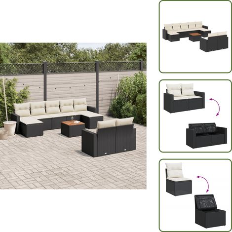 10-tlg. Garten-Sofagarnitur mit Kissen Schwarz Poly Rattan - Gartenmöbel Set - Outdoor Möbel - Rattan Gartenset - Lounge Set - Esstisch Set