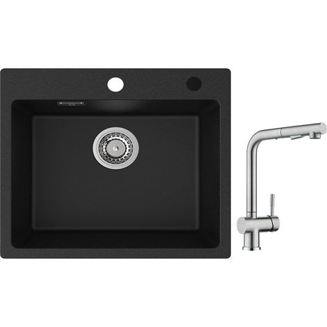 Cecipa Evier 1 Bac Quartz Noir 50x45cm Evier de Cuisine en Quartz Evier de Cuisine en Granit + Robinet Cuisine avec Douchette Mitigeur d'évier Extractible Brossé (1/5)