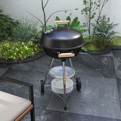 Barbecue au charbon de bois avec grille en acier, couvercle, aérations et roues, noir