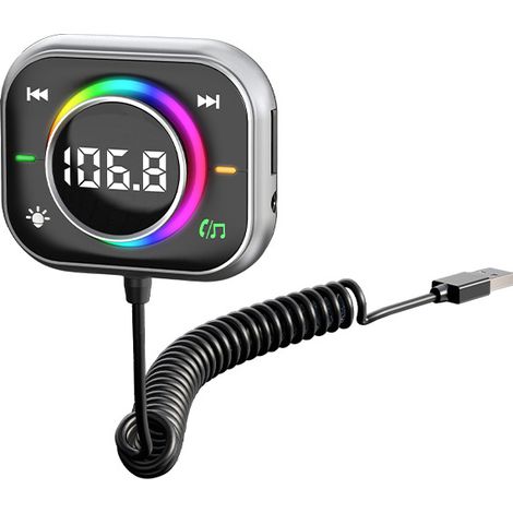 Lecteur audio Bluetooth voiture RGB écran digital FM mains libres carte TF sortie AUX 3,5mm câble spirale USB (1/5)