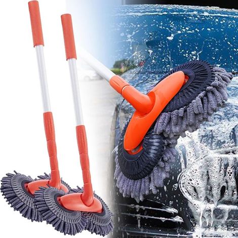 Balai de voiture rotatif, double tête télescopique pour lavage de voiture avec microfibre, nettoyant pour pare-brise, accessoires de caravane pour le lavage et le nettoyage de voiture (2 pièces)