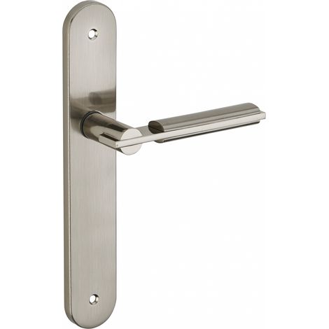 Thirard – Poignée de porte d'entrée à cylindre – Acier embouti nickelé brossé – Entr'axe 195mm – Carré 7mm – Type béquille avec ressort de rappel