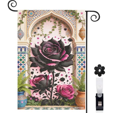 Drapeau de jardin arche florale et rose noire 30 x 45 cm décoration terrasse et extérieur (1/5)