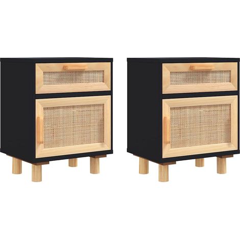 vidaXL Comodini 2 pz Neri in Legno Massello di Pino e Rattan