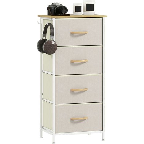 Commode 4 tiroirs en tissu, meuble de rangement avec 4 poches, 2 crochets, structure en acier, 45 x 30 x 94,5 cm, beige (1/5)
