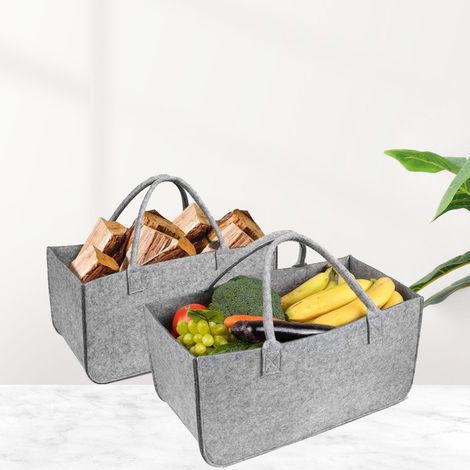 2 Stück (50 x 25 x 25, Mittelgrau) Kaminholztasche aus Filz für Brennholz, Einkaufstasche, tragbarer Kaminholzkorb, faltbarer und verschleißfester Kaminholzkorb, Aufbewahrungstasche für Kaminholz