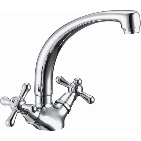 Schläfer 3460412 Rubinetto Retrò con Due Manopole per Lavello Cucina, Bocca Girevole Alta, Gruppo Monoforo in Stile Antico, Finitura Cromo e Argento (1/5)