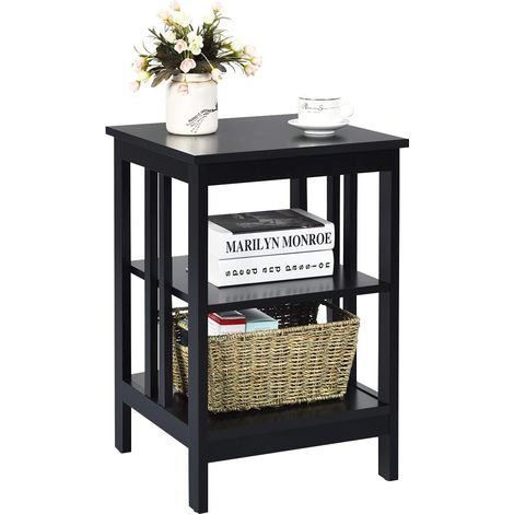 COSTWAY Nachttisch 3 Ebenen, Beistelltisch Nachtschrank, Sofatisch Couchtisch für Schlafzimmer, Wohnzimmer 40x40x61cm Schwarz, II-foermig