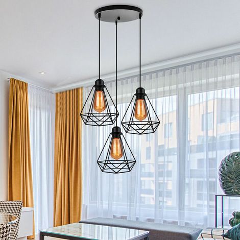 JKWG 3 Lampes Suspension Luminaire Industrielle Métal Lustre Suspension Style Cage Géométrique E27 Lampe Suspension Vintage - Noir - Ø 20cm - Support en Cercle (1/5)