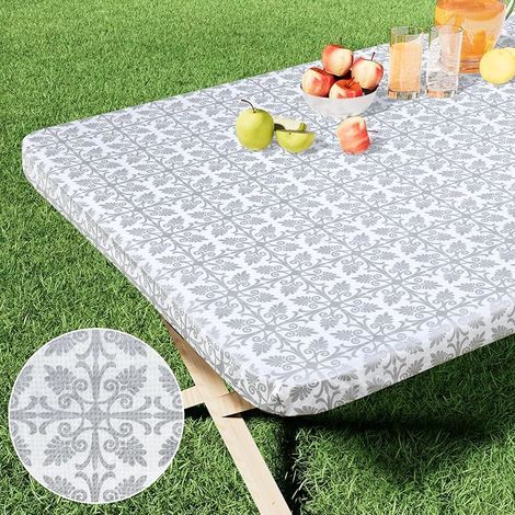 Nappe rectangulaire en vinyle – Bord élastique – 100% imperméable – Pour tables pliantes 1,8 m – Camping, pique-nique, extérieur – Gris argenté (1/5)