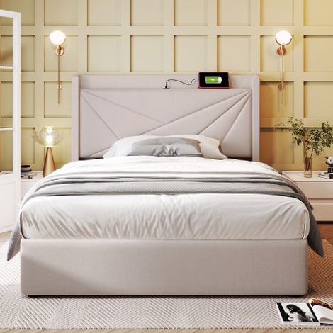 Boîte à lit avec USB Type C Chargement de la tête, Stauraumbetten Chassis de lit en lin Jeunesse lit 90x200 avec lattenrost (avec matelas) (1/5)