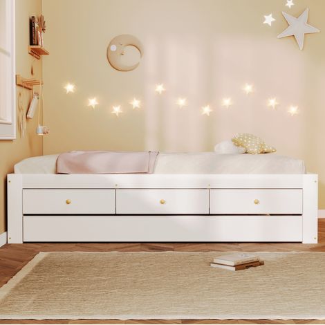 Lit gigogne 140x200 cm en bois blanc, 3 tiroirs, gain de place, sans matelas – MEUBLIV (1/5)