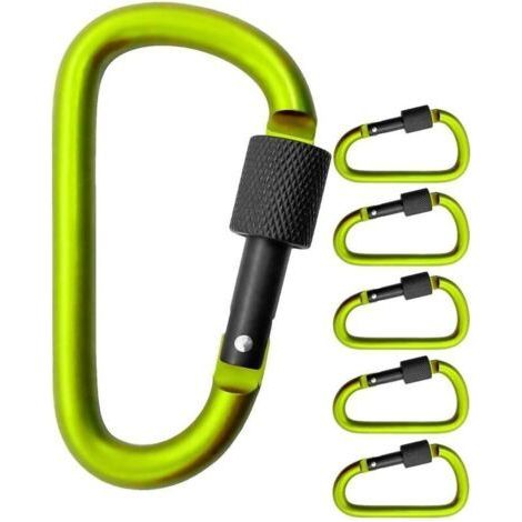 Lot de 5 grands mousquetons à vis pour fixation d'équipement, aluminium, 8 cm, vert clair, noir, lot de 5. (1/3)