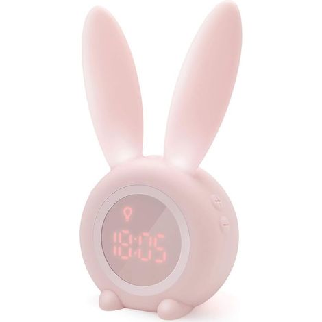 Réveil matinal à induction en forme de lapin mignon, réglage automatique intelligent de la lumière respiratoire, affichage automatique de l'heure/date/température, commande vocale ou --rose clair-Fei (1/5)
