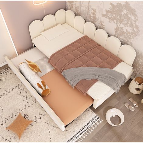 Lit simple 90x200 avec lit gigogne velours beige HAVRYA (1/5)