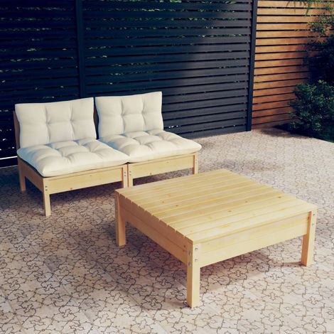 Salon de jardin 3 pcs avec coussins crème bois de pin (1/5)
