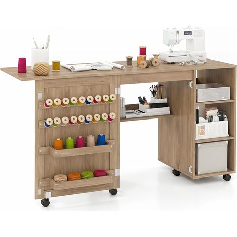 Table de Couture Pliante, Meuble Machine à Coudre avec 4 Compartiments Ouverts, 18 Rangées de Bâtonnets, 2 Plateaux de Rangement, Naturel