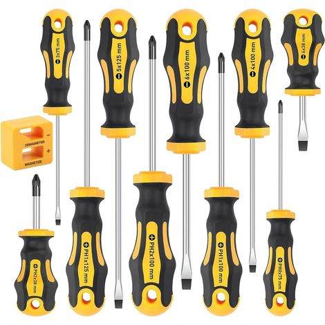 [JAMAIS UTILISÉ]10 Pièces Tournevis Magnétique, 5 Taille Toute Épreuve Tournevis en Acier au Chrome Vanadium 5 Tournevis Plats et 5 Cruciformes avec Poignée Antidérapante - avec Boîte à Outils (1/5)